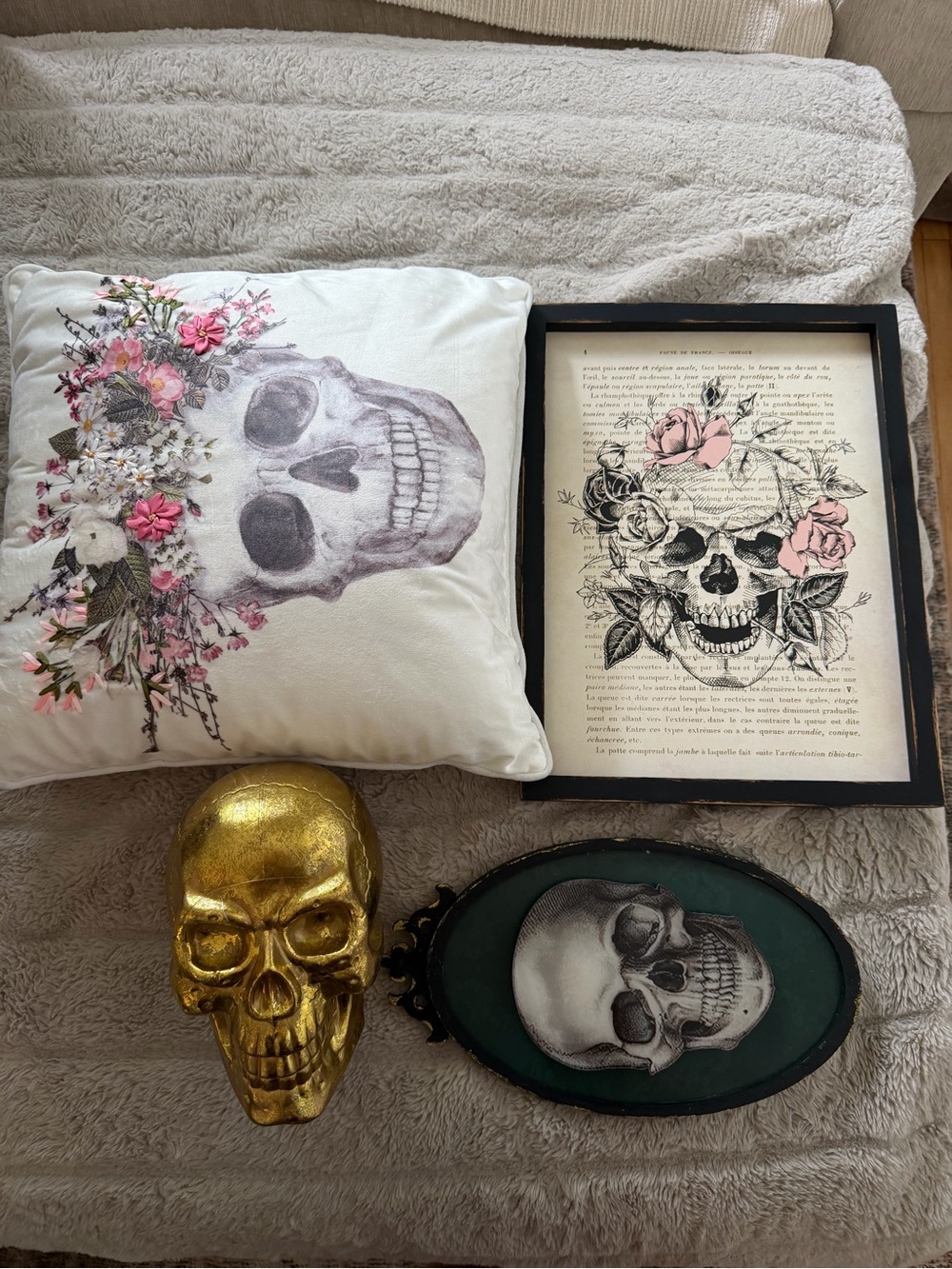Floral Skull Decorative Throw Pillow bundle - Cream with Pink Accents